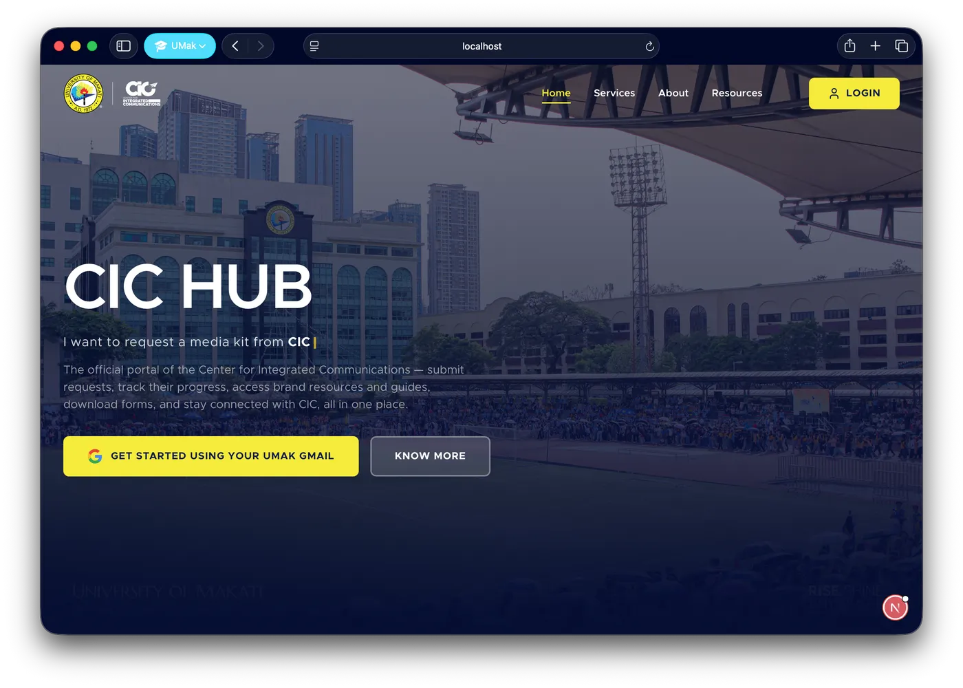 CIC Hub landing page over a University of Makati campus photo